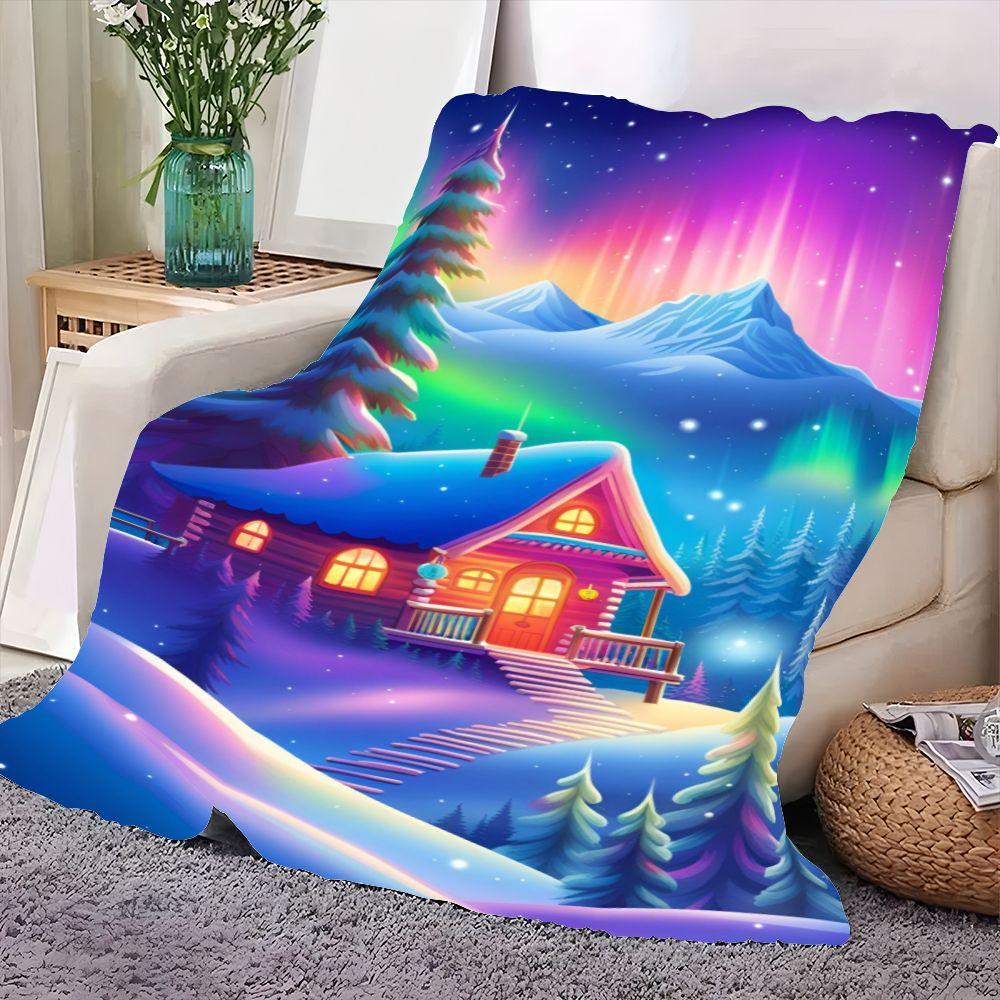 Winter Wonderland Cozy Blanket - Snow-Covered Cabin with Glowing Windows and Vibrant Aurora Design - Soft, Warm Throw Blanket Pe 75cmx90cm