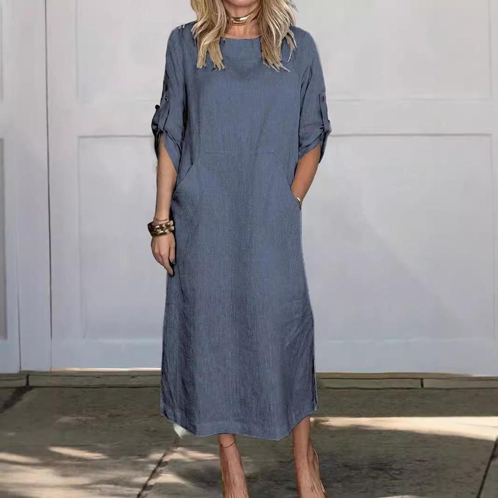 2024 Fall/Winter Women's Cotton Linen Solid Color Casual Round Neck Long Dress with Double Side Pockets