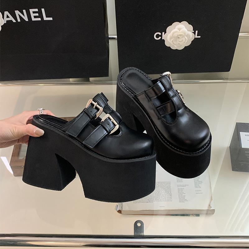 Fashion 11cm Block Heels Shoes Black Close Toe Slippers Punk Buckle Platform Chunky Heeled Sandals Summer Women Leisure Sandalias Mujer