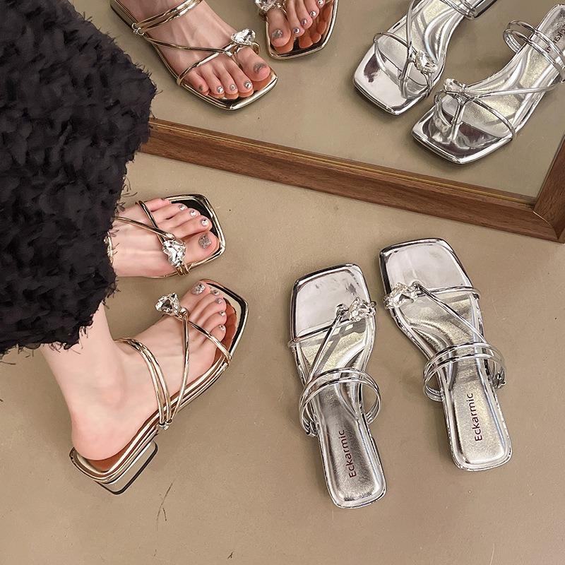 Rhinestone toe cool slippers for women's summer wear new versatile thick heels and two high-heeled sandals