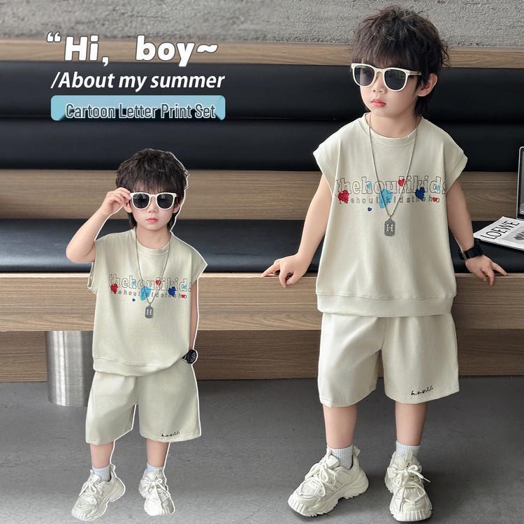 Boys' Cartoon Print Sleeveless Summer Set - Trendy Two-Piece Shorts Outfit