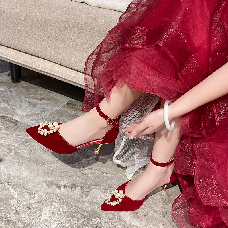 Rimocy Elegante Perlenschleife Hochzeitsschuhe Damen Kristall Knöchelriemen Dünne Absätze Pumps Damen Spitzschuh Rote High Heels Schuhe