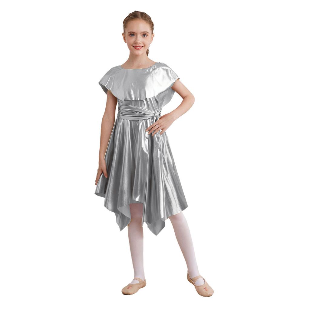 Girls Praise Dance Metallic Tunic Asymmetrical Hem Belted Choir Dress Performance Gown