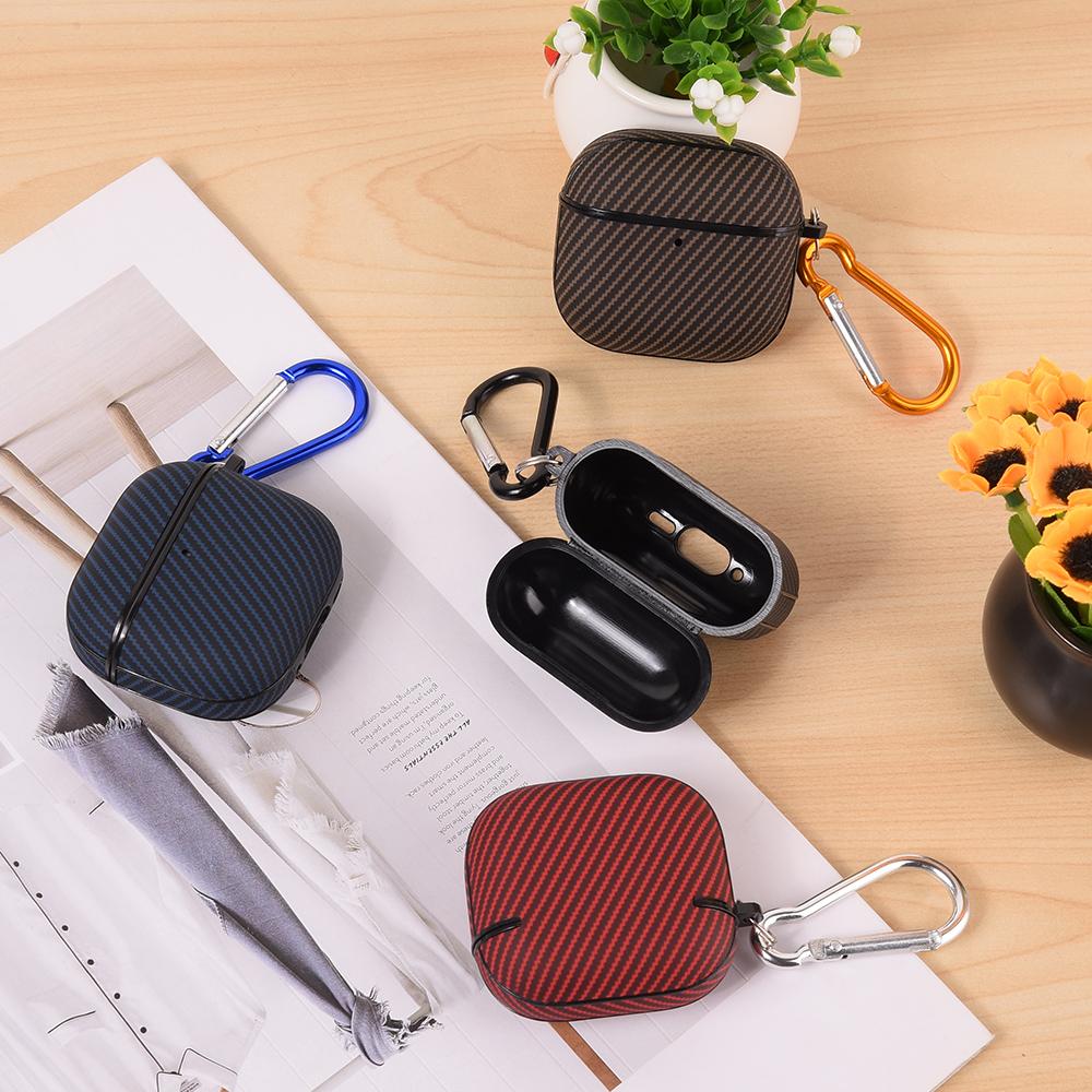 For AirPods 4 Case Carbon Fiber Texture TPU PU Earbuds Protective Cover with Hook