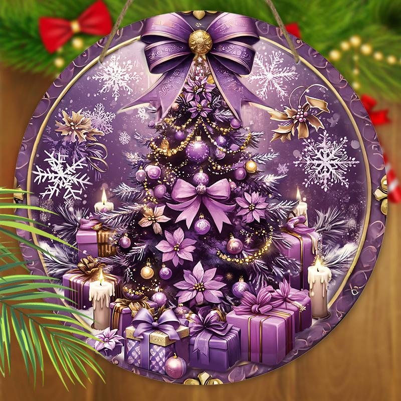 Lila Weihnachten Holzschild, Frohe Weihnachten Rundes Schild für Haustür Wandhänge-Dekor, Ideales Weihnachtsgeschenk