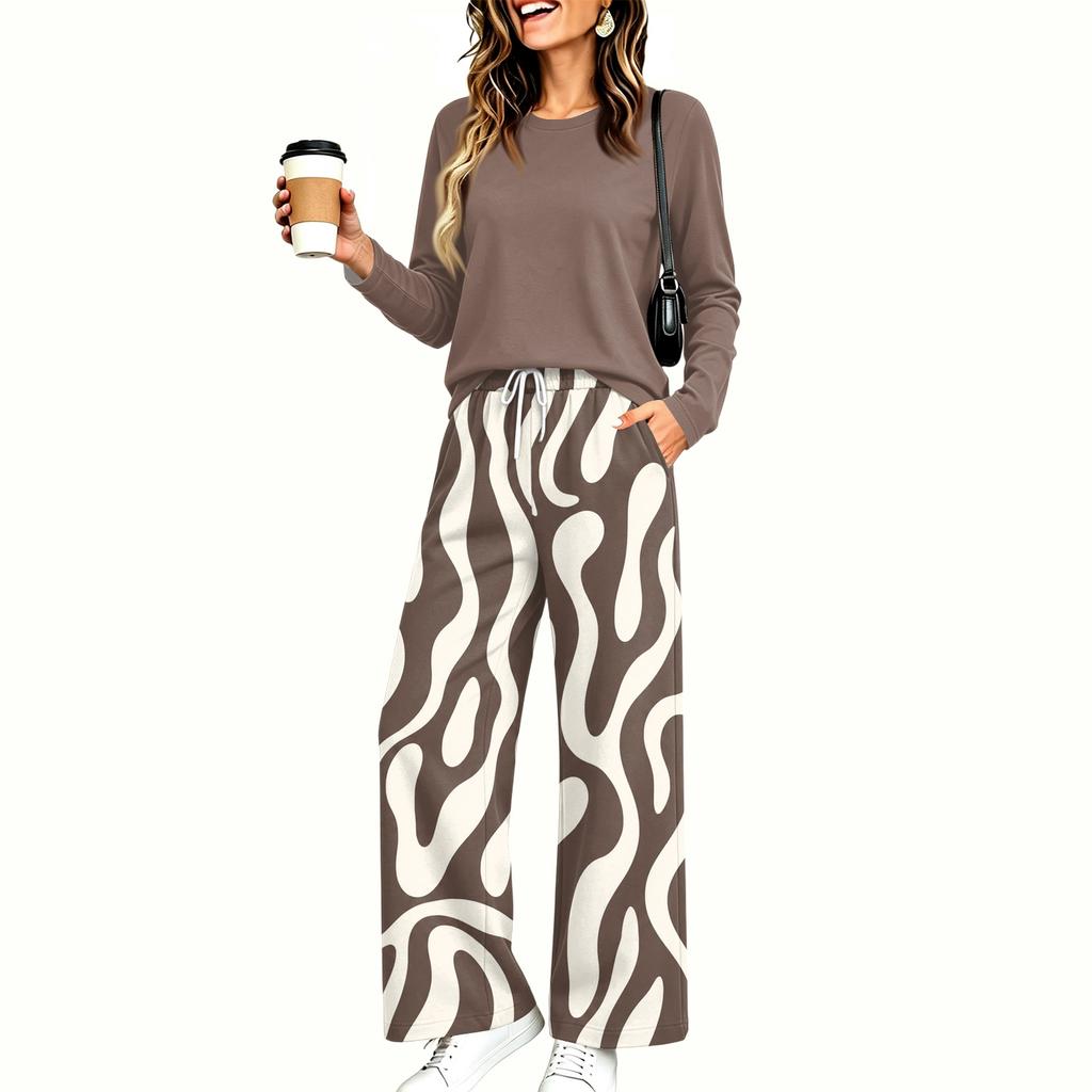 Women's Casual Pajama Set with Pockets, Long Sleeve Neck Loose Fit Printed Sleepwear