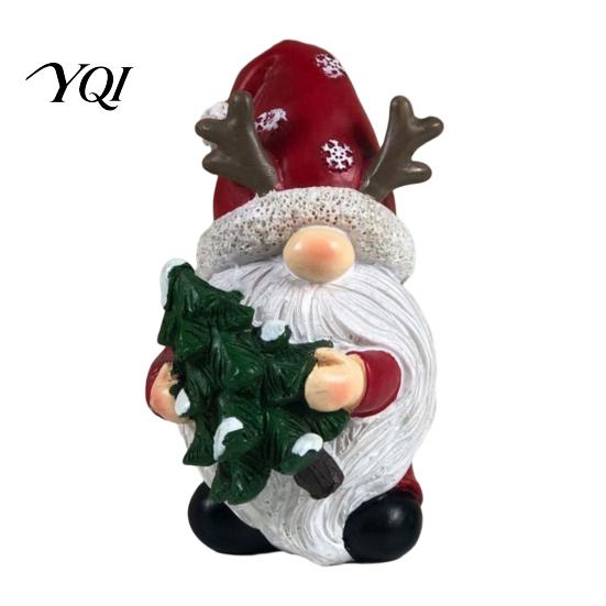 Festive Desk Accessories Christmas Gnome Figurine, Resin Tomte with Tree Hat & Reindeer Wooden Ornaments Antlers, Holiday Tabletop Decor for