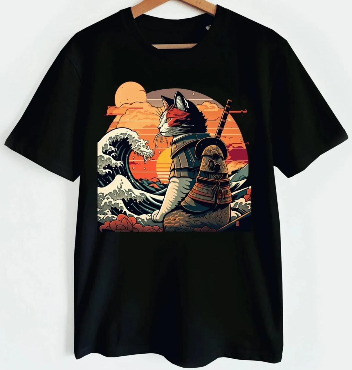 Retro samurai cat T-shirt The Great Wave off Kanagawa Hokusai XXXL