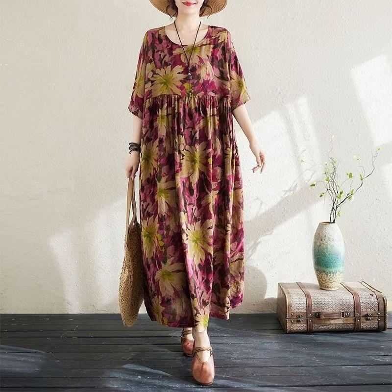 Summer New Literary Age Reduction Large Size Loose and Thin Printed Short-sleeved Long Dress with Pockets Over the Knee Skirt