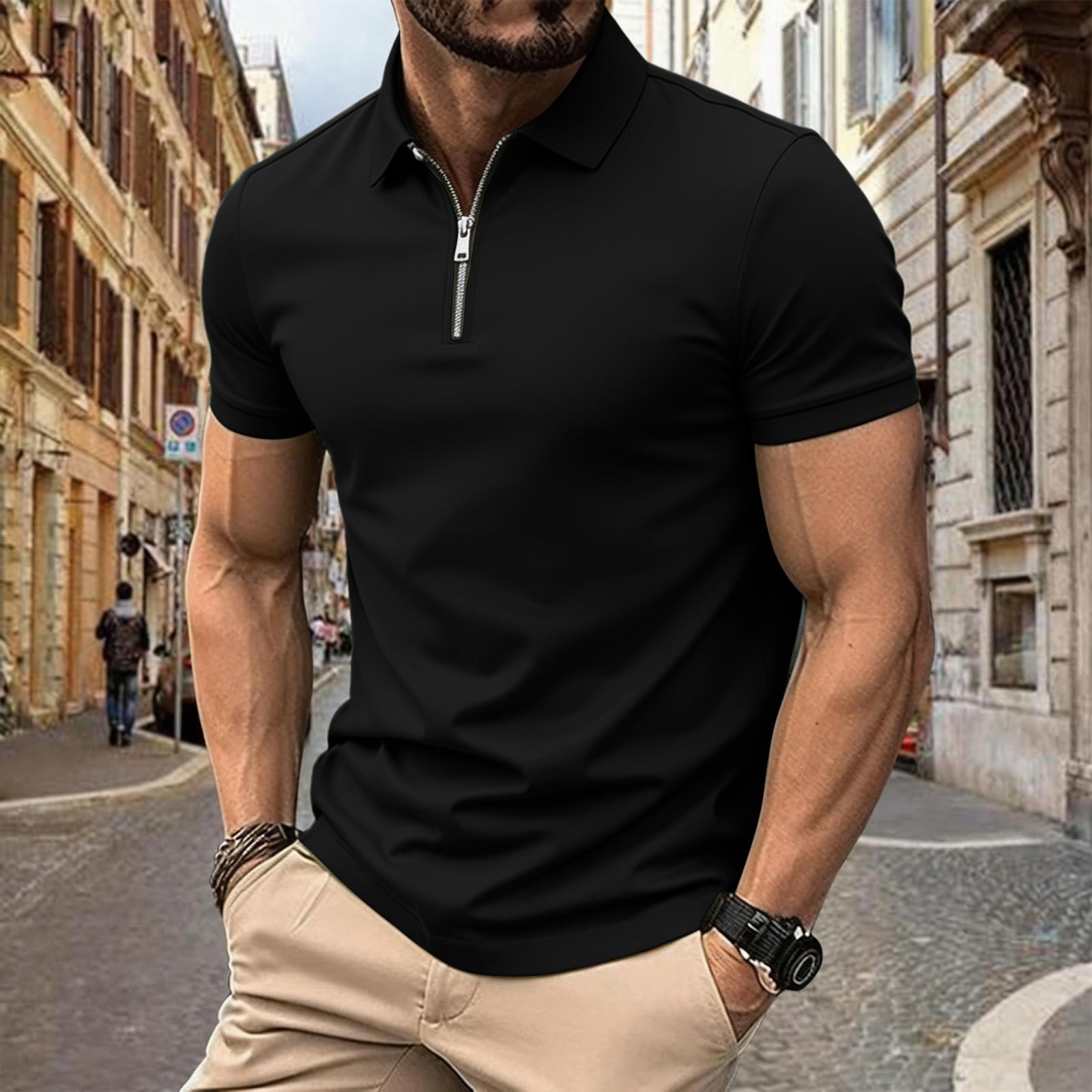 Miss Beauty26 Zomer Heren Polo met Korte Mouwen en Rits aan de Voorkant Casual Omgeslagen Kraag Lichtgewicht Ademend Topje XXXL zwart
