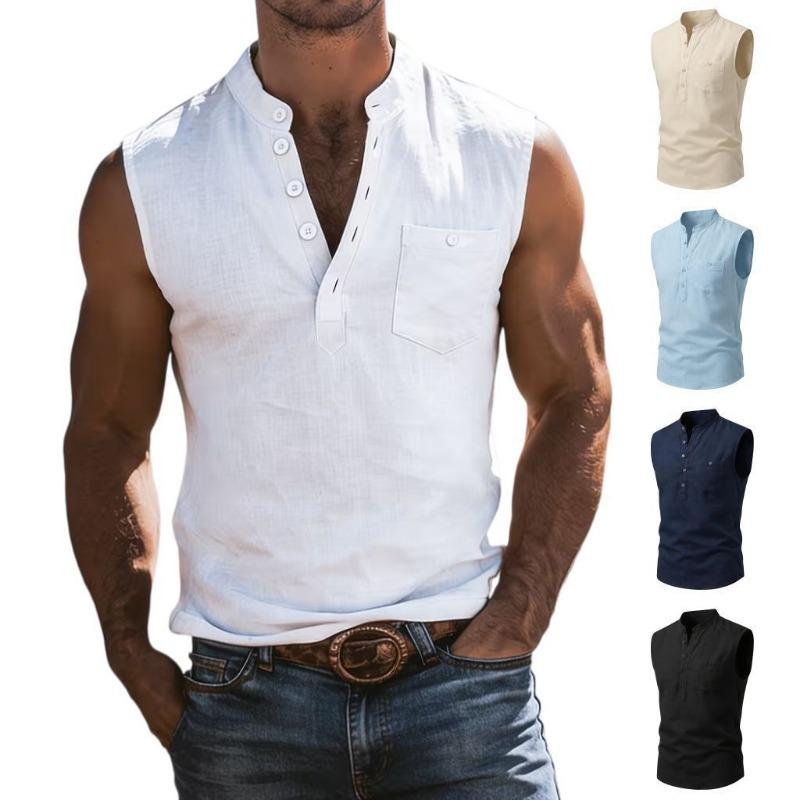 Ärmelloses Henley-Hemd für Herren aus Leinenmischung mit Brusttasche, Mehrfarbig, Lässiges Sommer-Tanktop