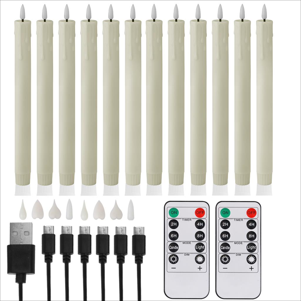 6/12pcs Rechargeable LED Flickering Flameless Taper Candles 4 Type Head with Remote Control Battery Operated Home Decor Candle