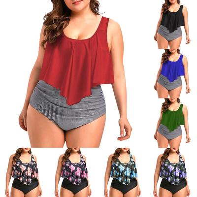 Women's Large Size Fashion High Waist Ruffle Print Swimsuit With Chest Pad Without Steel Support