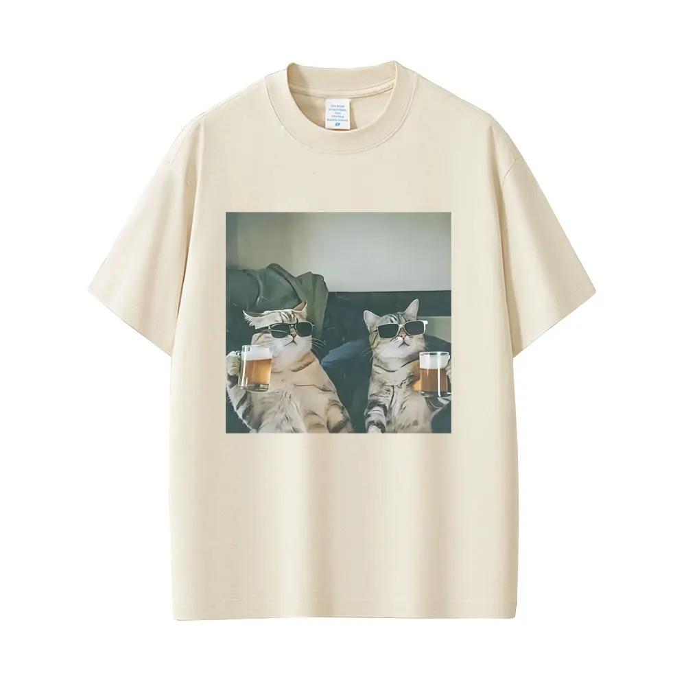 Cool Kočka Pijící Pivo Vtipné Emodži Tričko Pánské Ležérní Bavlněné Retro Tričko s Krátkým Rukávem Pánská Móda Tričko s Kulatým Výstřihem Topy