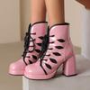 Glänzendes Lackleder Splicing Mesh Runde Zehenpartie Plateau Super Dicker Absatz Bonbonfarbene Kurze Stiefel Atmungsaktives Innenmaterial Schnürstiefel