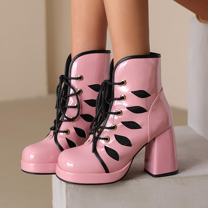 Glänzendes Lackleder Splicing Mesh Runde Zehenpartie Plateau Super Dicker Absatz Bonbonfarbene Kurze Stiefel Atmungsaktives Innenmaterial Schnürstiefel