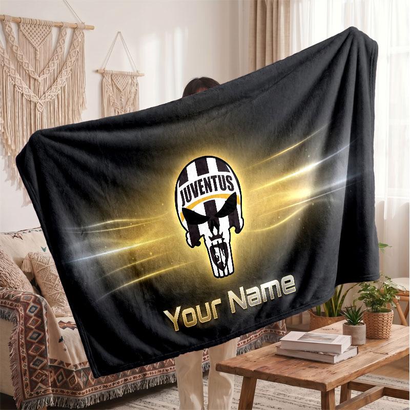 Juventus FC Personalized Fleece Blanket With Football Logo, Custom Name Text Soft Warm Home Throw Blanket