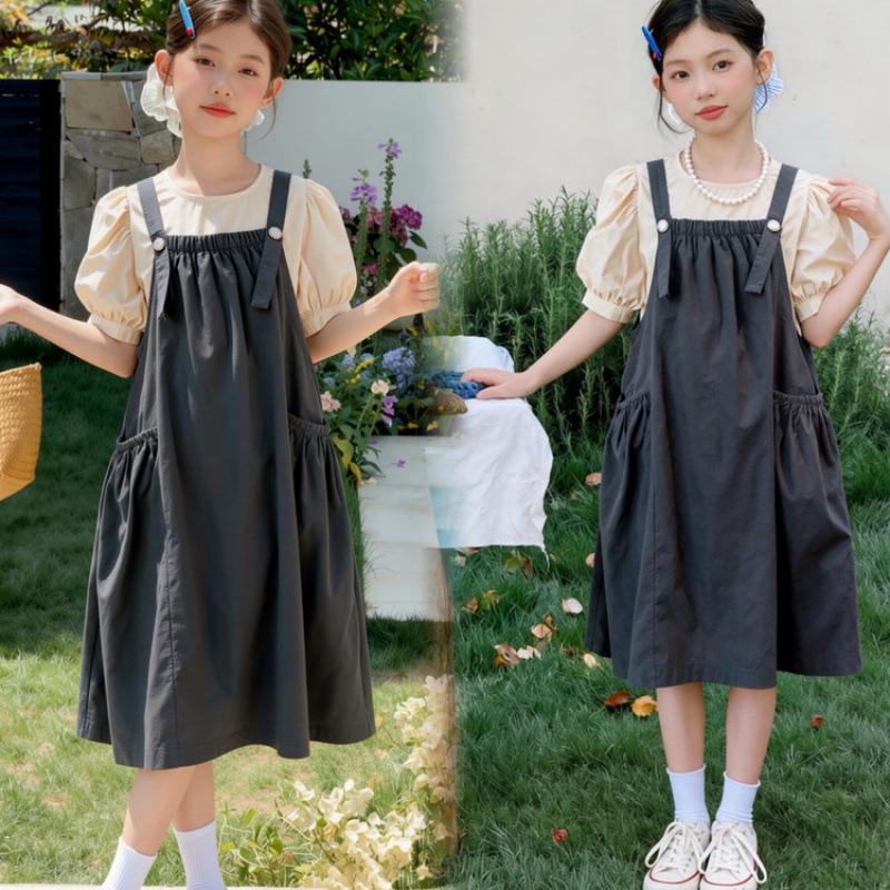 Girls' Bubble Sleeve Strappy Dress Set - 2026 New Summer Style, Medium & Large Cotton Skirt, Solid Color Sweet Two-Piece.