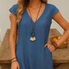 Casual Beach V Neck Short Sleeve A Line Sundress Women Summer Cotton Linen Midi Dress with Pockets