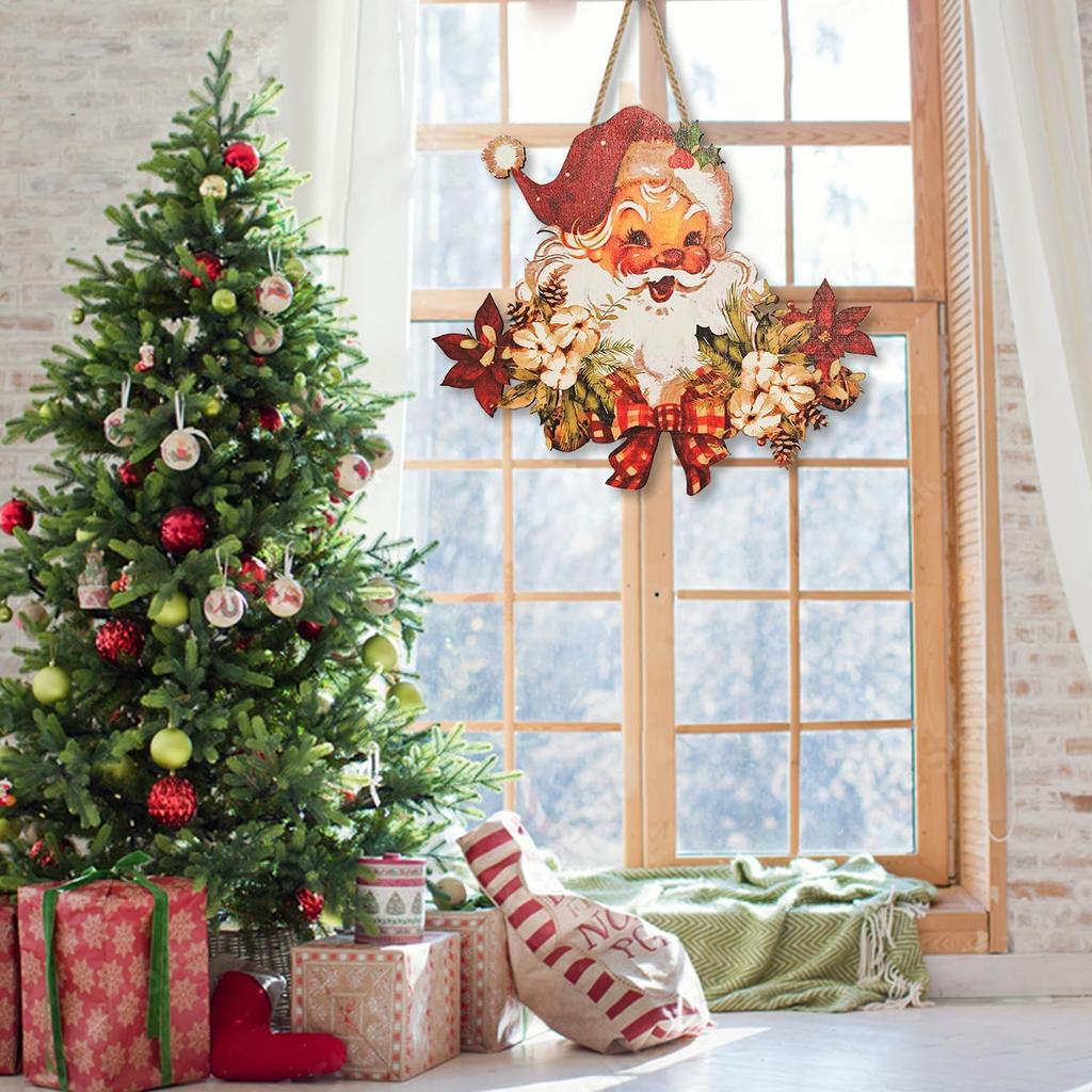 Vintage Santa Wooden Hanging Sign Christmas Front Door Wall Ornament Indoor Outdoor Xmas Holiday Party Decoration