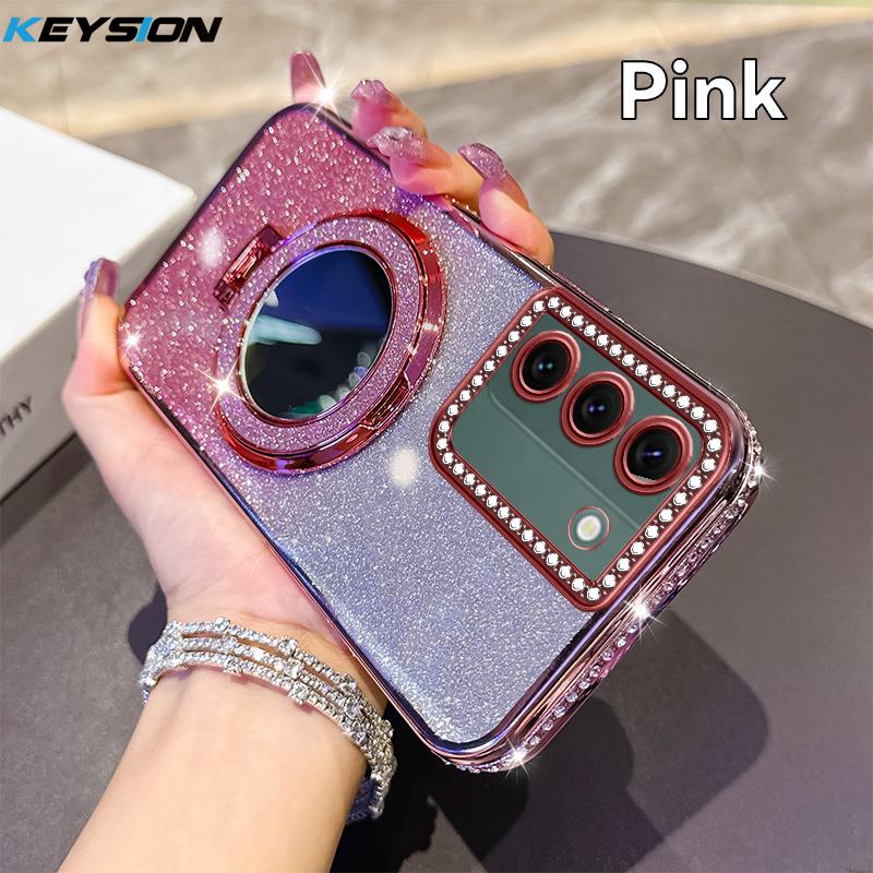 KEYSION Glitter Jewelled Magnetic Phone Case for Samsung Galaxy S22 Ultra S21+ Plus S20 FE Makeup Mirror Stand Shockproof Cover