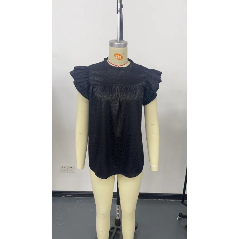 2025 Letnia moda Leopard Print damska bluzka Nowa swobodna prosta koszula z falbaniastymi rękawami plisowana damska góra plus size luźna odzież damska 3670
