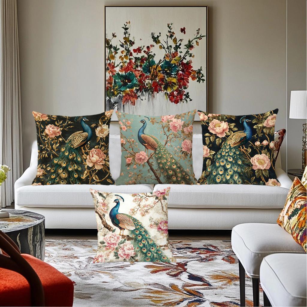 Peacock And Floral Patterns Digital Printing Pillow Cover Short Plush Suitable Living Rooms Bedrooms Sofas Throw Cushion Cover