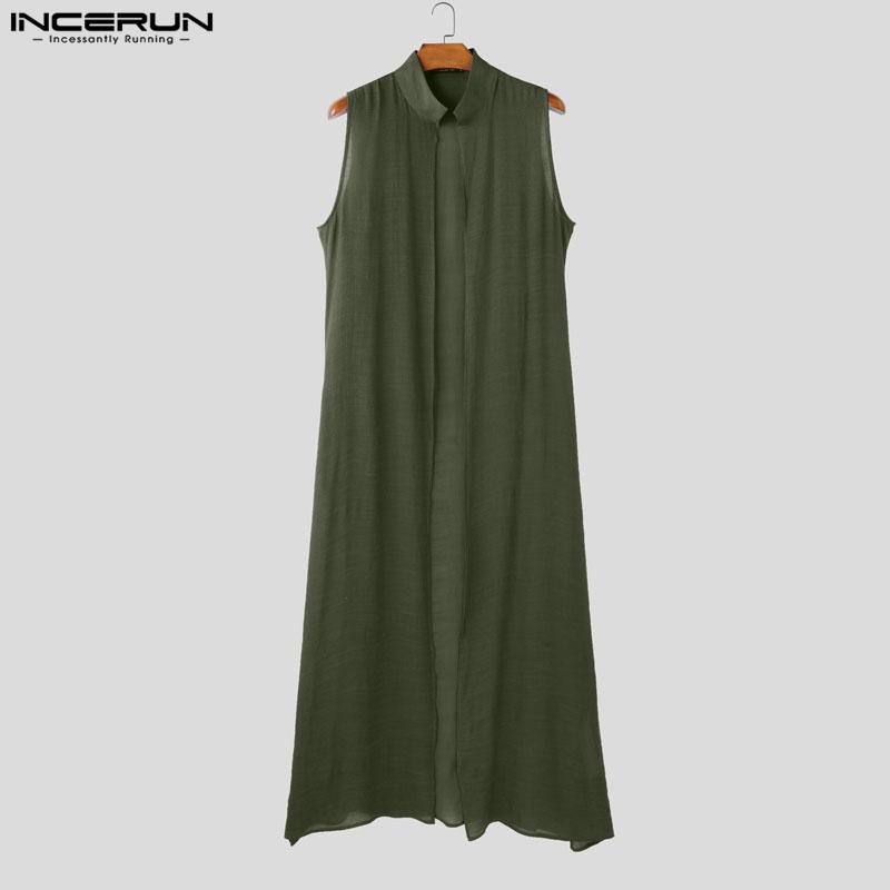 INCERUN Summer Men Satnd Neck Sleeveless Open Front Casual Loose Long Tanks Cardigan