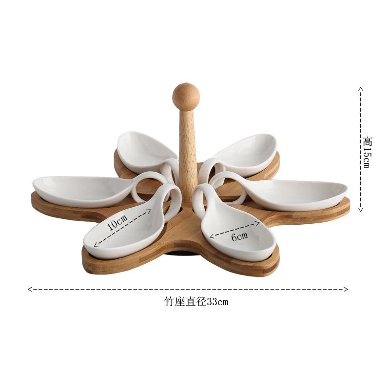 Home Keramik Trockenobstteller Weißer Apfel/Herzform/Kleiner Fisch Fünf-Gitter-Snackschale Snackplatte Drehbarer Holzsockel