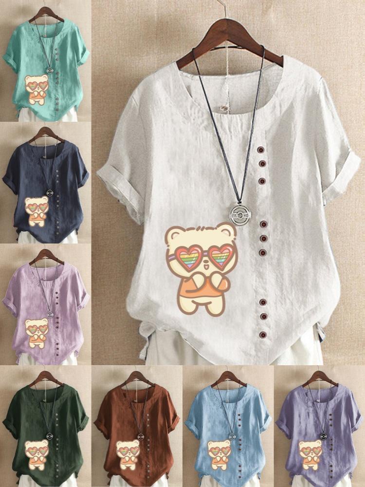 Women's Fashion Cute Cat Print Round Neck Short Sleeve T-shirt Summer Casual Cotton Linen Graphic Shirt Leisure Loose Blouse Tops