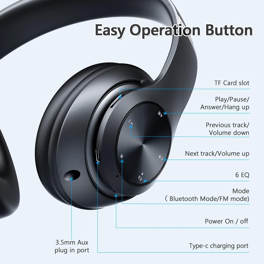 Bluetooth Headphones Over Ear, 60 Hours Playtime Foldable Headphones Wireless Bluetooth Hi-Fi Stereo Deep Bass with 6 EQ Modes, Adjustable