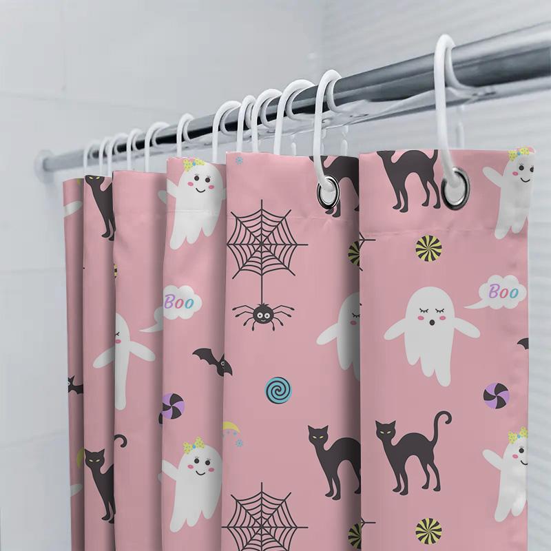 Haunted House Shower Curtain Halloween Decor Pink Ghosts Spiders Black Cats Pattern Home Decoration For Bathrooms 72X72 Inches S