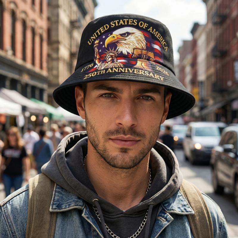 

1pc United States 250th Anniversary Bucket Cap with Eagle and Liberty Design,Party Celebration Fishermen Hats for Men and Women чорний