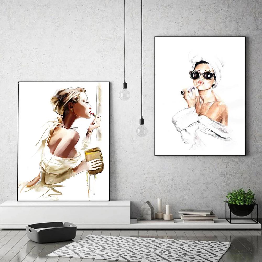 Minimalist Kadın için Ruj Uygulanan Tuval Boyama Sanat Görüntüsü ile Modern Moda Duvar Posterleri Baskılar Oturma Odası Yatak Odası Ev Duvar Dekorasyonu için
