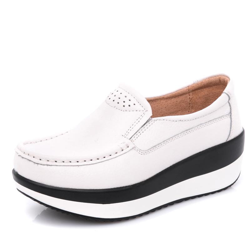 Genuine Leather Wedges Heels Shoes Fashion 5cm Platform Shoes Women Non-slip Walking Loafers