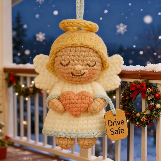 Crochet Angel Car Charm Handmade Knitting Angel Car Rear Mirror Hanging Accessories with Drive Safe Tag New Driver Blessing Present
