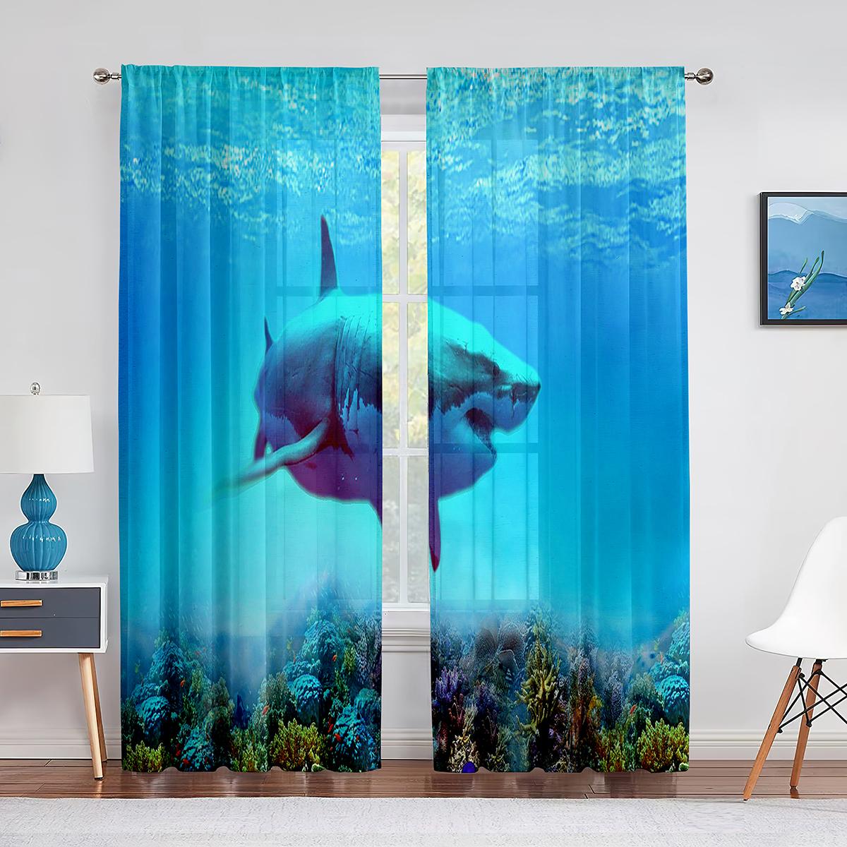 3D Акула Рыба Океан Морская Тема Прозрачная Вуаль Шторы для Гостиной Окна Шифоновые — фото 2