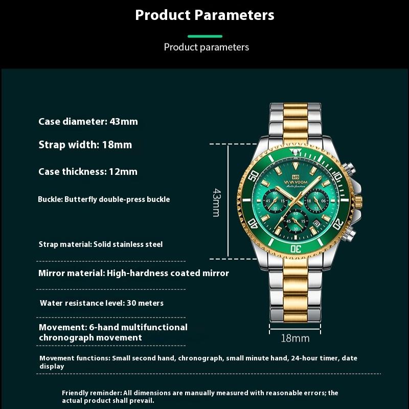 VA VA VOOM Multi-function Chronograph Three-eye Quartz Watch Waterproof Luminous Green Water Ghost Men's Watch