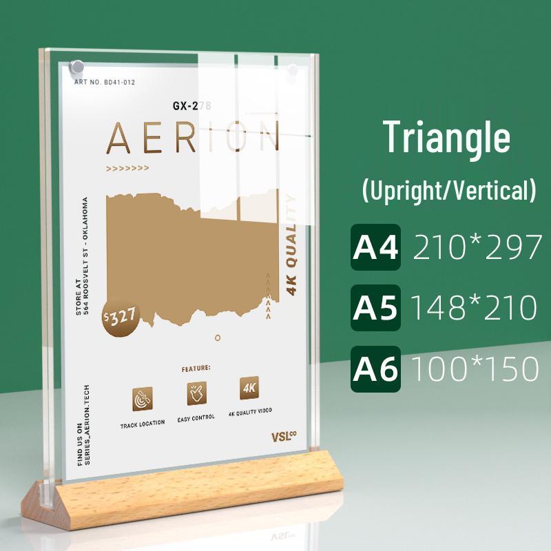 A4 Acrylic Table Card Holder with Beech Wood Base, Double-Sided Pull-Out Display Stand