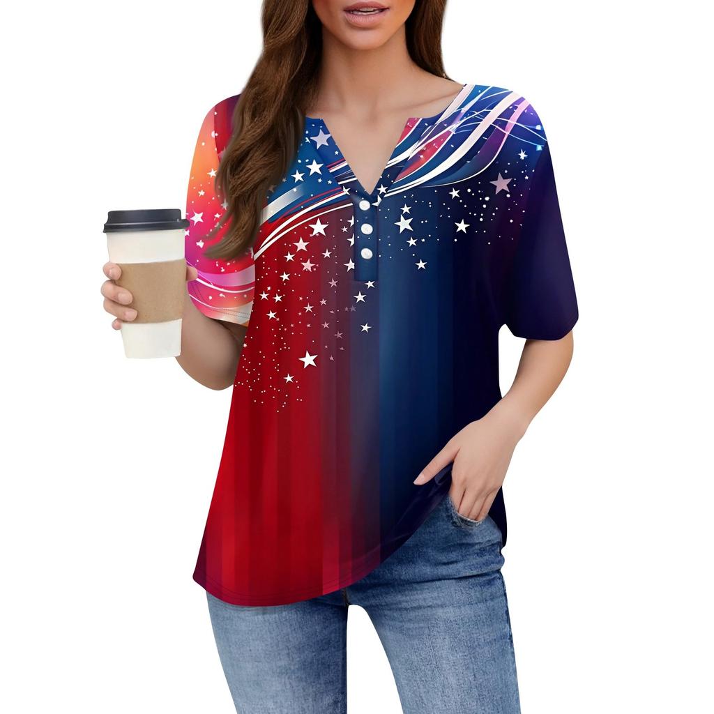 Dámské tričko Potisk Den nezávislosti Knoflíky Krátký rukáv Denní Víkendová Móda Základní Výstřih do V Běžný Top