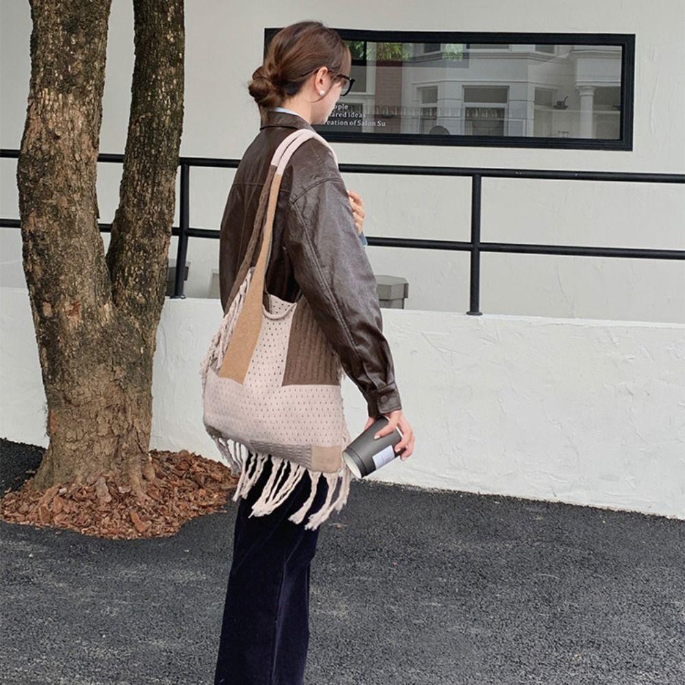 Patchwork Knitted Tassel Shoulder Bag Soft Commuting Tote Bag Sweet Boho Style Handbag Outdoor