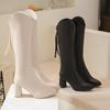 Fashion Tall Leather Boots Pointed Coarse Heel Women's Cigarette Boots Rear Zipper Martin Boots