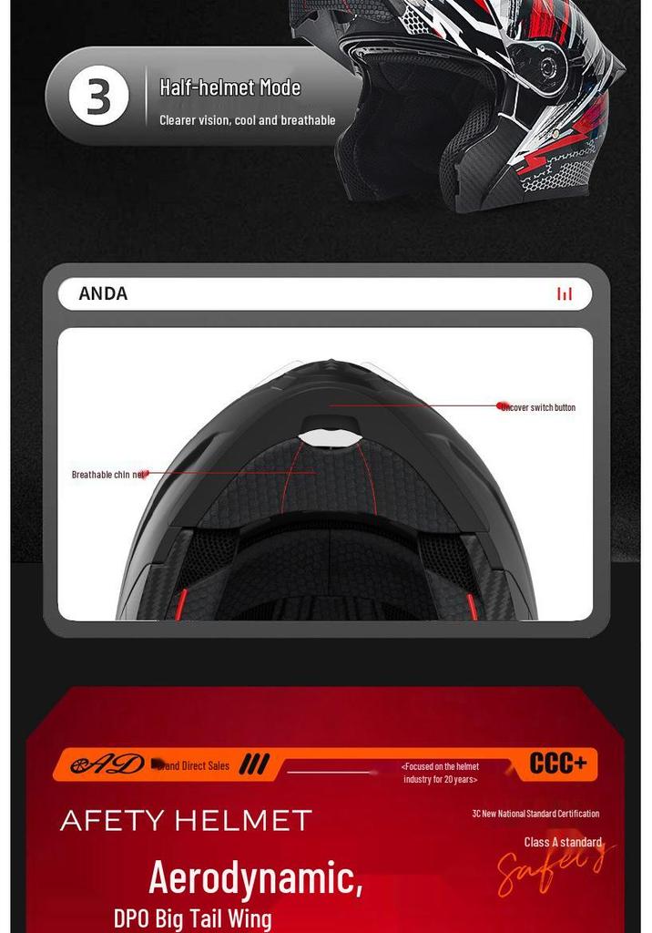 AD Unisex Full Face Motorcycle Helmet with LED Taillight, All-Season, Flip-Up, 3C/DOT Certified.