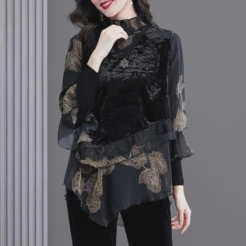 Elegant Velvet Lace Trim Plus Size Women's Top - 2024 Spring Collection