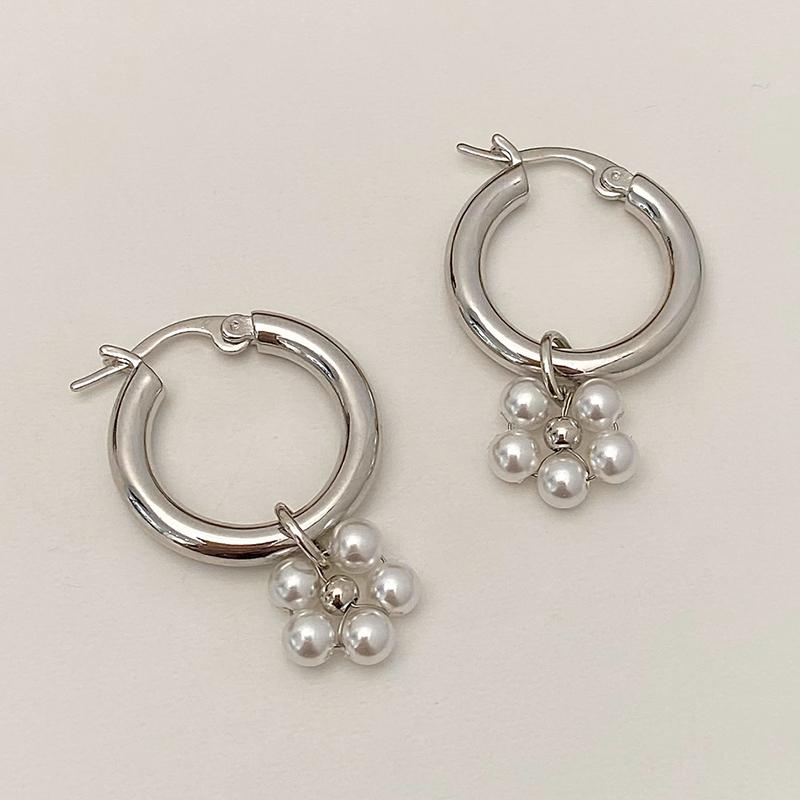 PONYKISS Sterling Silver Needle Pearl Pendant Round Hoop Earrings for Women Minimalist Trendy Fashion Accessories