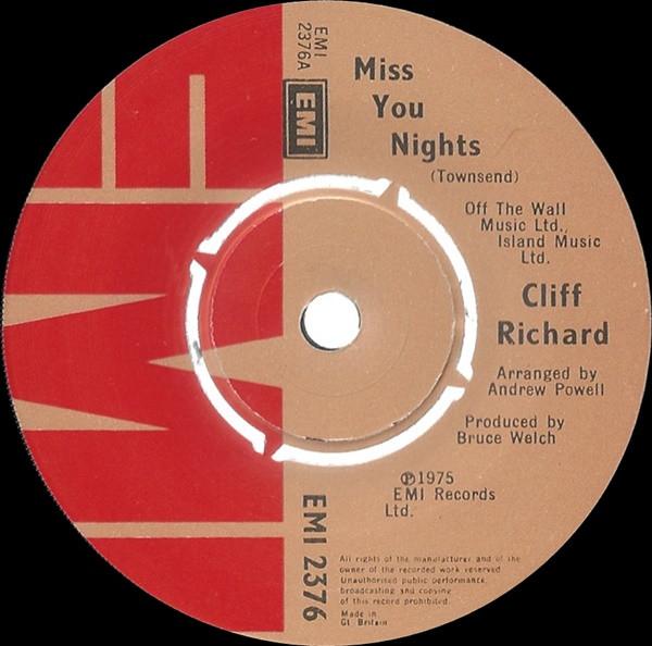 

7inch Record CLIFF RICHARD - Miss You Nights EMI2376 EMI 1975 UK Pop Used