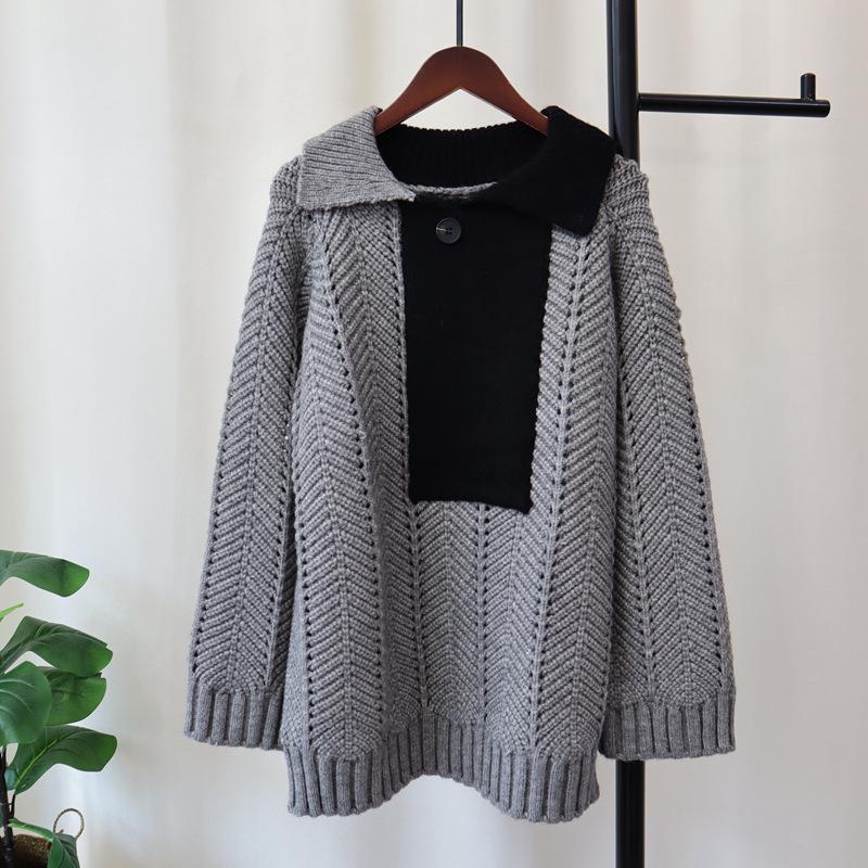 Autumn and Winter New Design Sense Contrasting Color Lapel Sweater Pullover Lazy Wind Loose Knitted Sweater Top Women