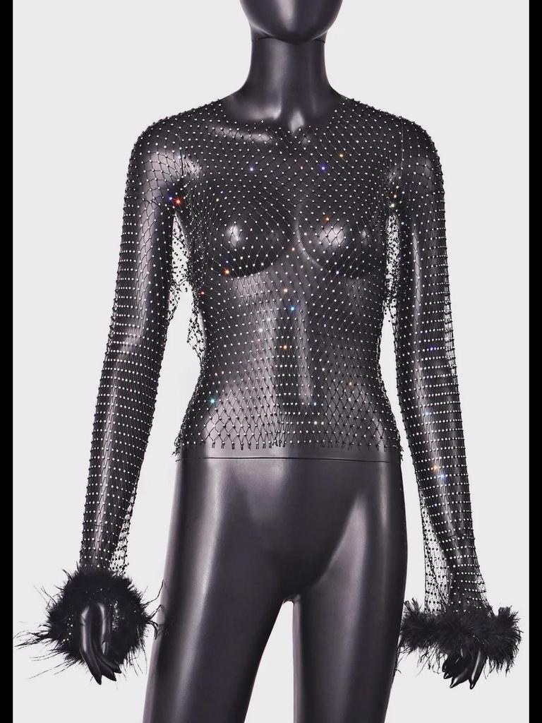 Women's Diamond Mesh Fishnet Long-Sleeve T-Shirt - Y8052