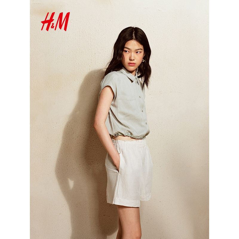 

HM Shirt 2025 Summer New Arrival Women s Sleeveless Lapel Commute Leisure Oblique Cloth Pattern Drawstring Top 1297167 Light green turquoise 170/104(L)