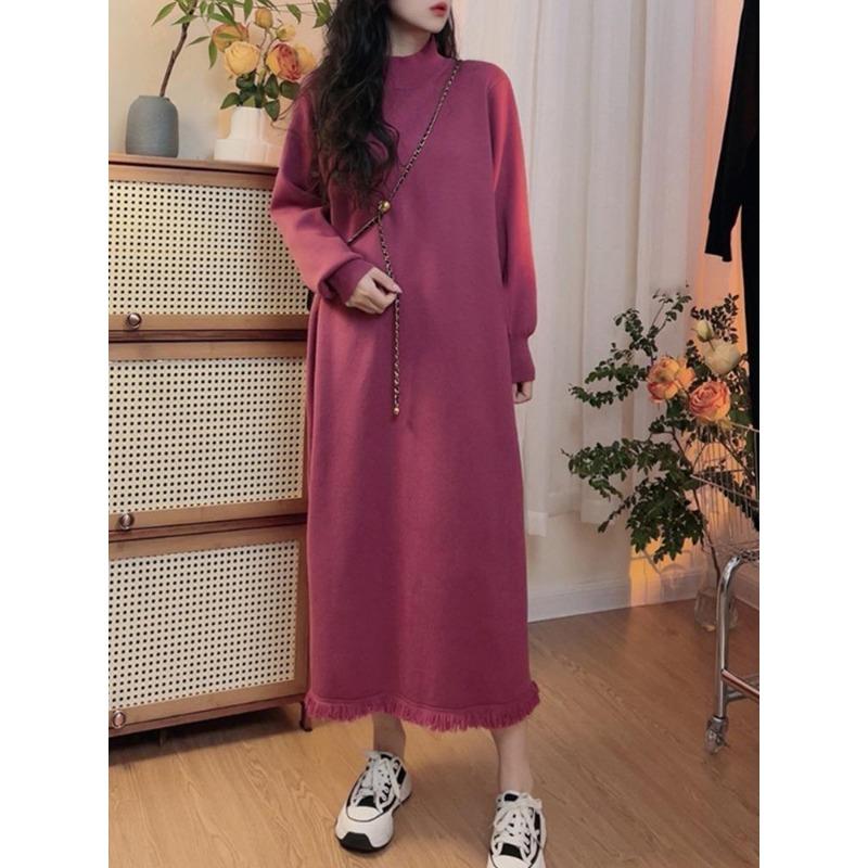 Autumn and Winter New Loose and Thin Knitted Dress Women's Fashion Simple Fringed Sweater Bottoming Dress